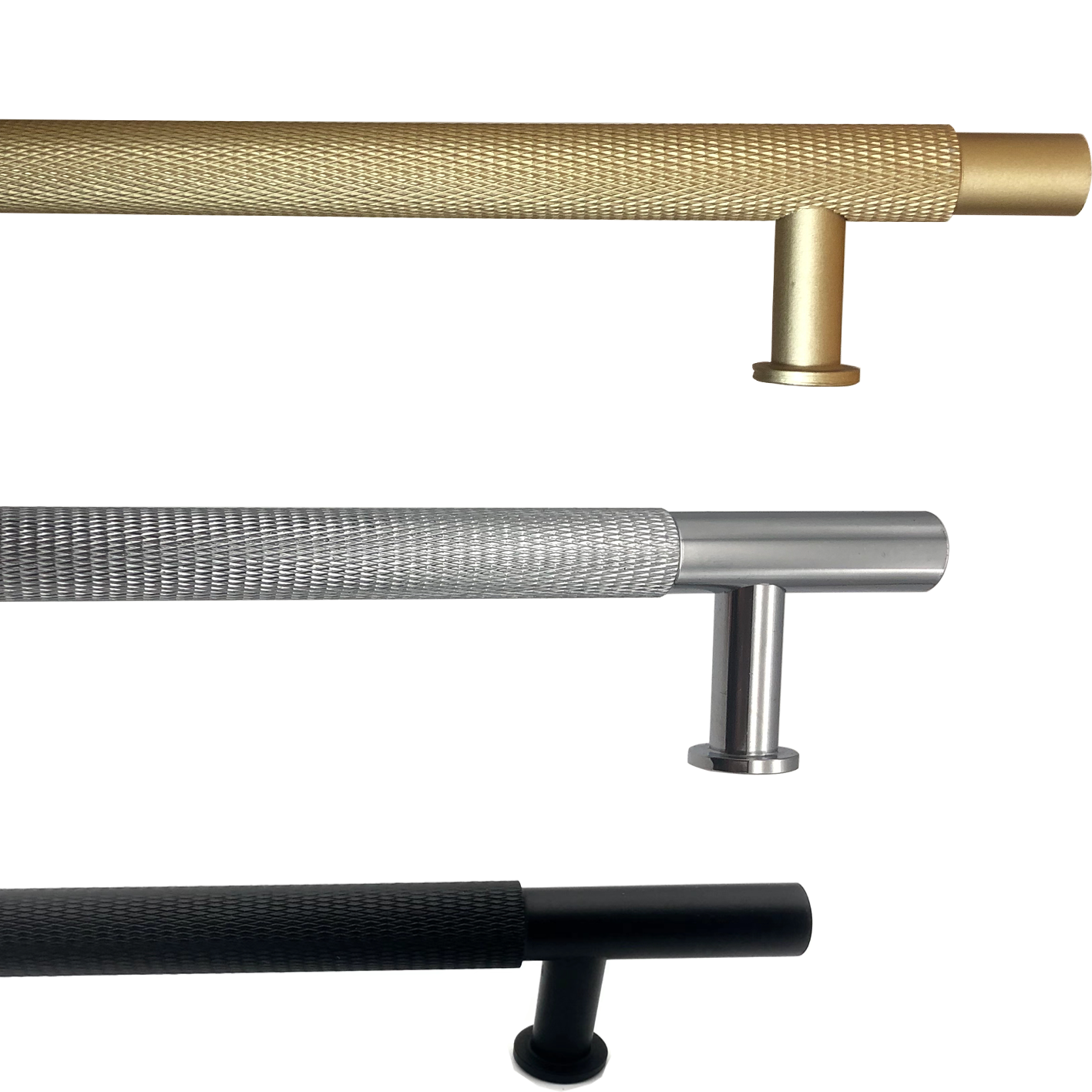 Simple and versatile black and brushed brass gold knurled T shape wardrobe pull handle