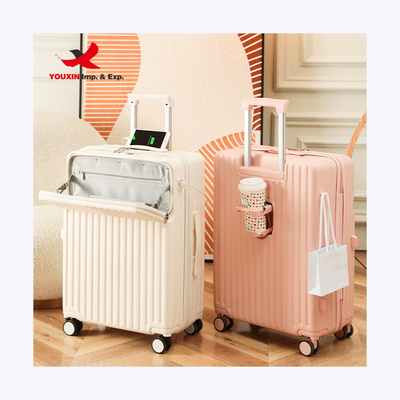 Manufacturer PC luggage travel bags front open luggage business Suitcase with front pocket Luggage with cup holder