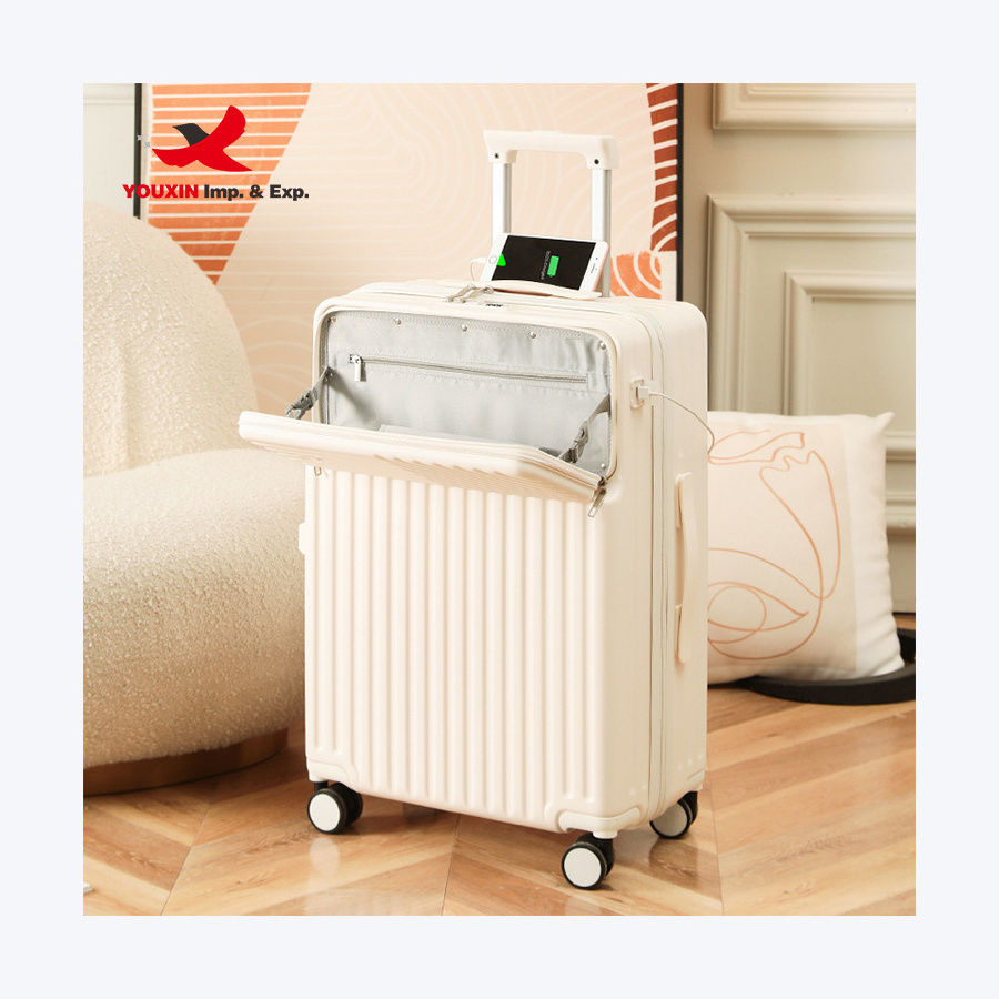 Manufacturer PC luggage travel bags front open luggage business Suitcase with front pocket Luggage with cup holder