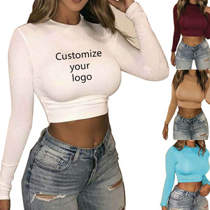 Custom Logo Clothing Ladies Crop Tank Top Umbilical Round Neck Long-Sleeved T-Shirt Slim Crop Top For Women