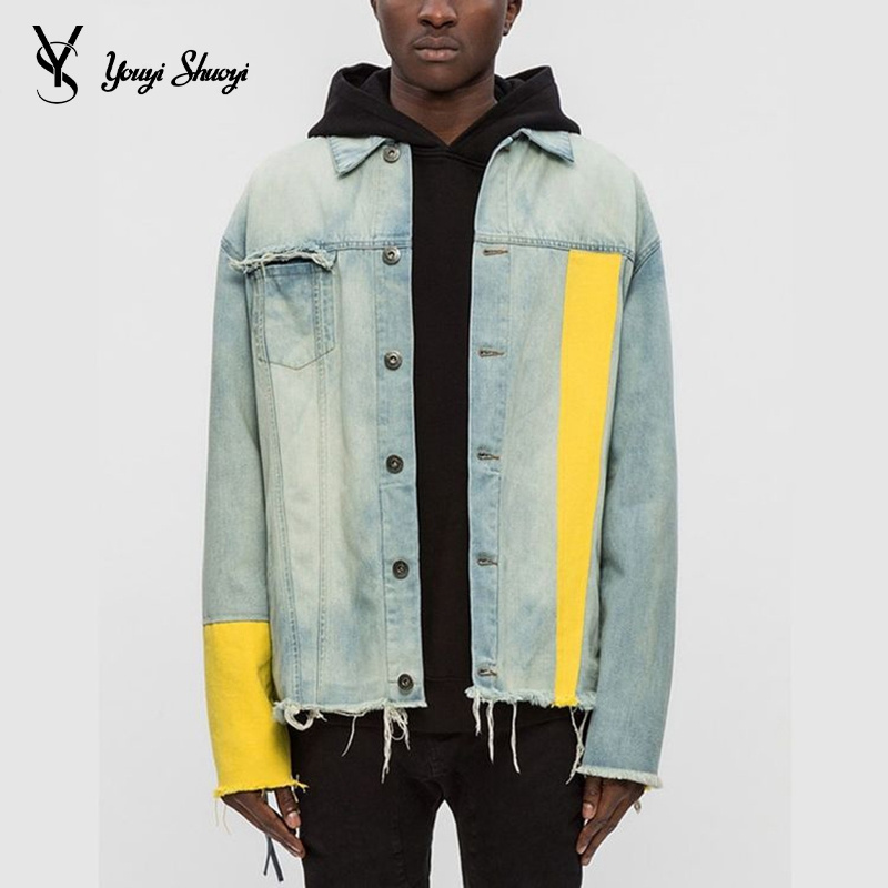 YYSY Custom Men Vintage Yellow Sleeve Slight Distressed Denim Jacket Men