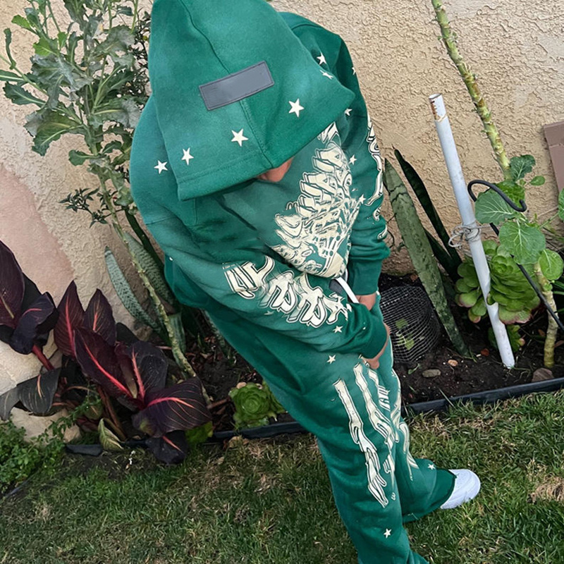 YYSY High Quality Sweatsuit Vintage Green Screen Print Logo Stacked Pants And Hoodie Men Sets Streetwear Acid Wash Sweat Suits