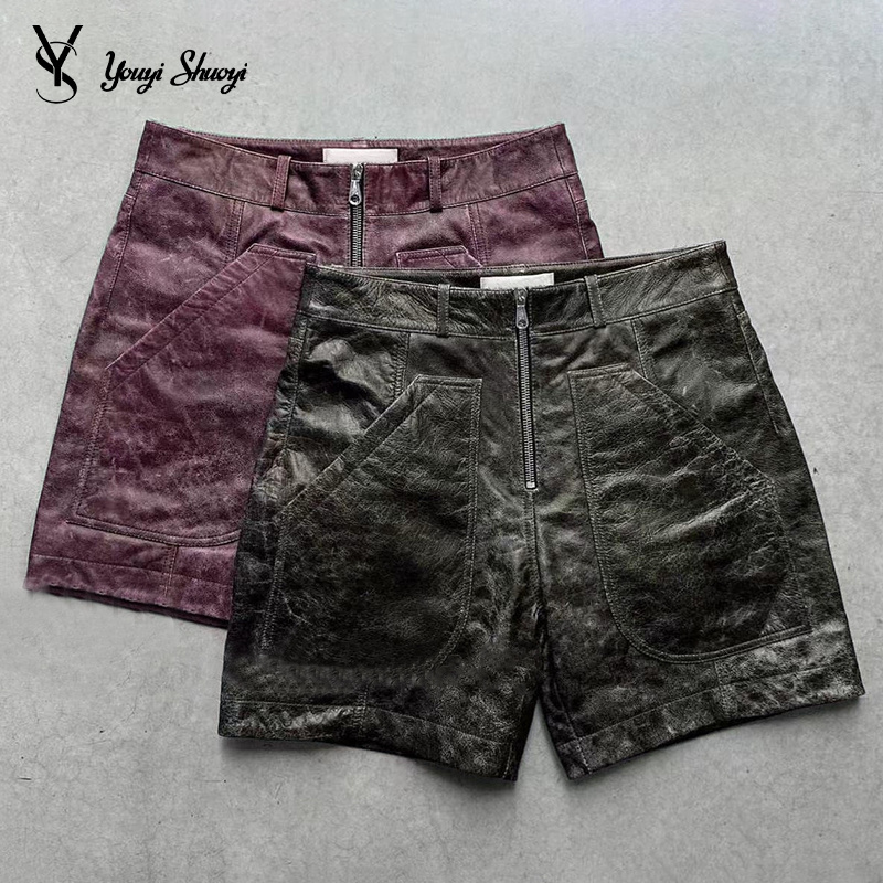 YYSY Custom Design Metallic Pu Cargo Zipper Shorts Streetwear Black Blank Faux Leather Shorts For Men