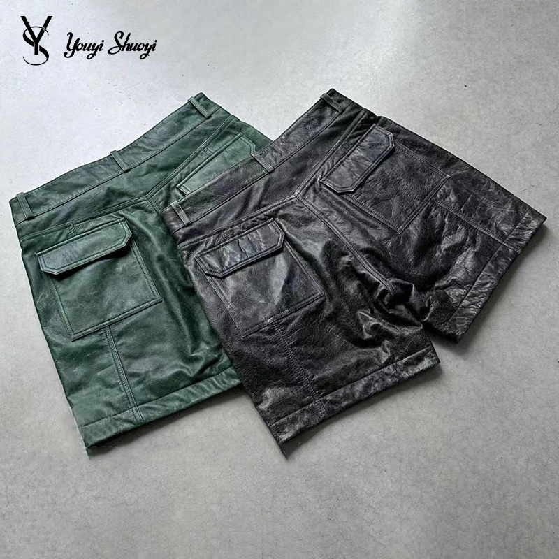 YYSY Custom Design Metallic Pu Cargo Zipper Shorts Streetwear Black Blank Faux Leather Shorts For Men