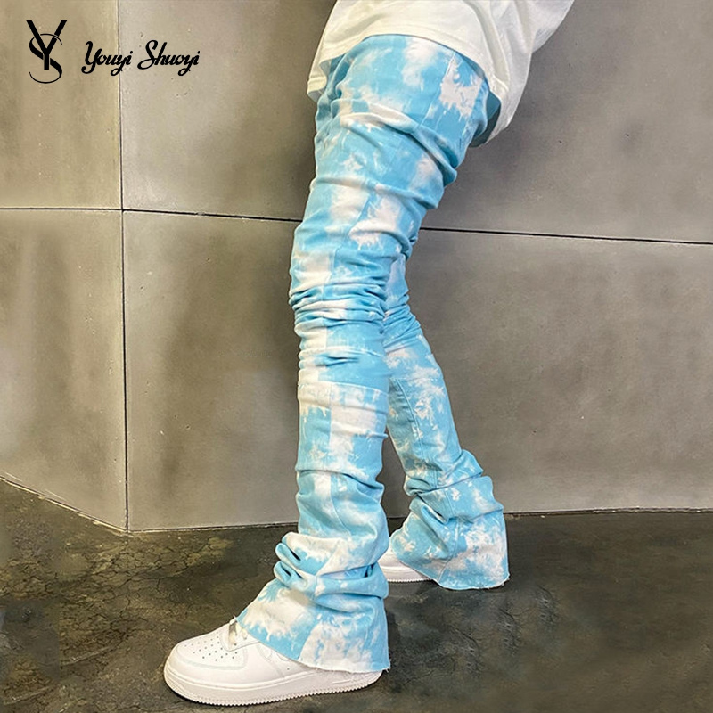 YYSY Streetwear fashion stack jeans custom logo color denim flare pants manufacturer wholesale tie dye stacked jeans men