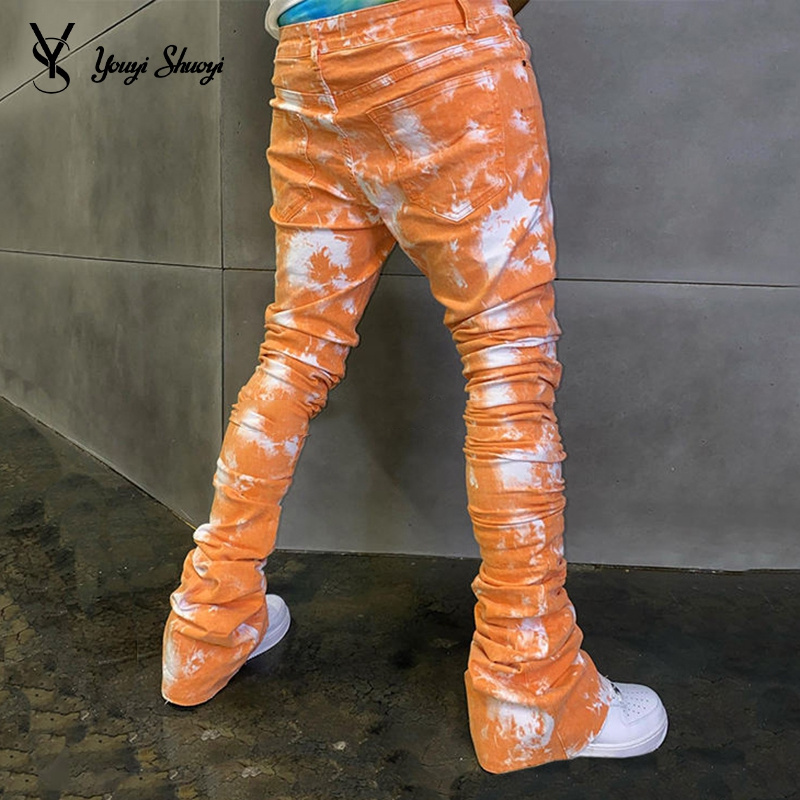 YYSY Streetwear fashion stack jeans custom logo color denim flare pants manufacturer wholesale tie dye stacked jeans men