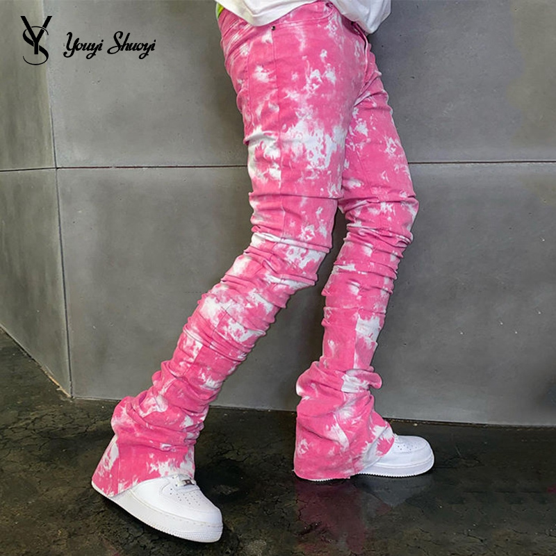 YYSY Streetwear fashion stack jeans custom logo color denim flare pants manufacturer wholesale tie dye stacked jeans men