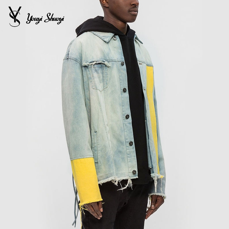 YYSY Custom Men Vintage Yellow Sleeve Slight Distressed Denim Jacket Men