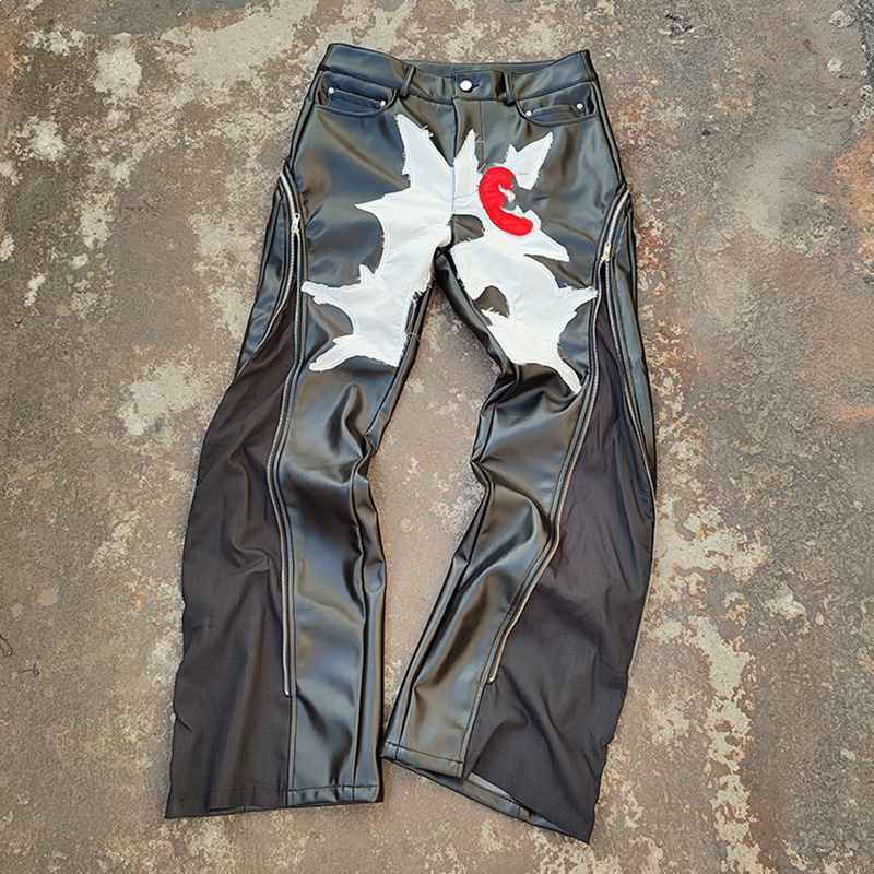 YYSY Custom Logo Hip Hop Style Patchwork Pants Wholesale Distressed Applique Patch Leather Pants Men