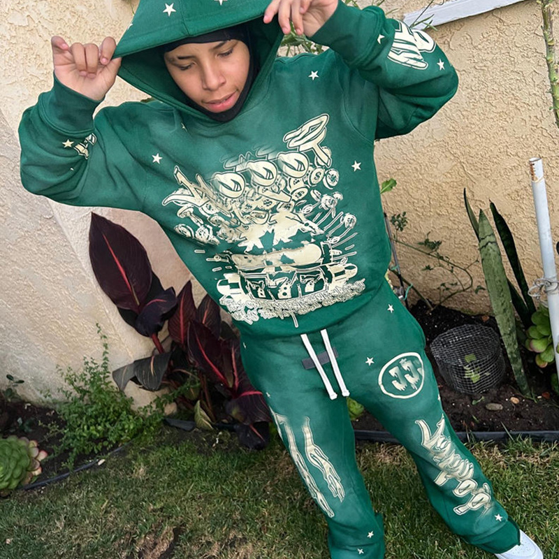 YYSY High Quality Sweatsuit Vintage Green Screen Print Logo Stacked Pants And Hoodie Men Sets Streetwear Acid Wash Sweat Suits