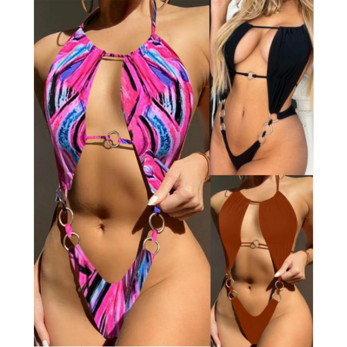 NEW Sexi Hot Girl Extreme Bikinis Set Ring Monokini Sexy Micro Bikini One Piece Swimwear Halter Swimsuit Women 2024