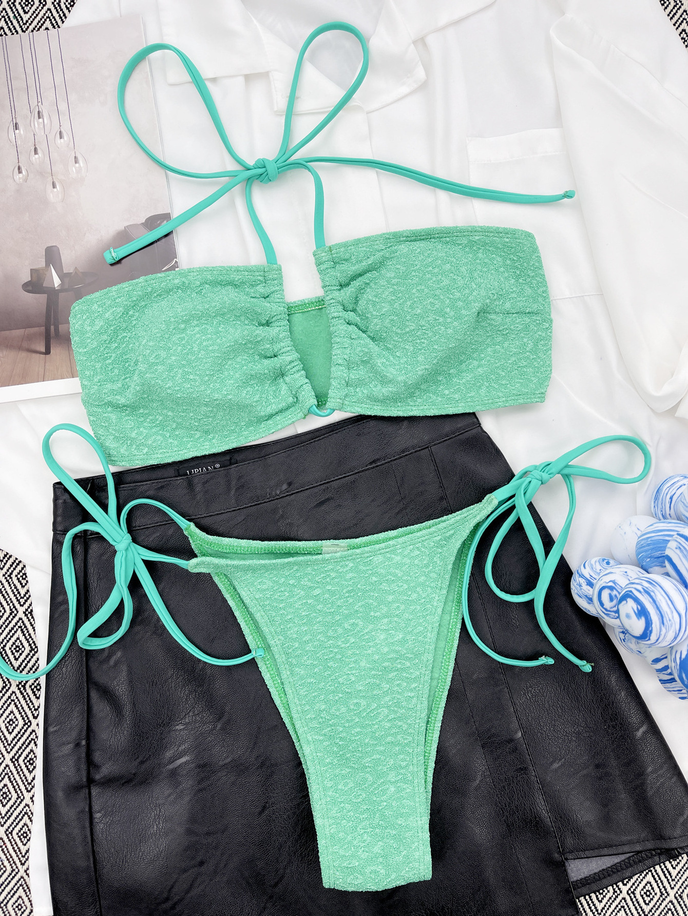 Lovely Japanese girl bikini sexy two piece green bathers women's adjustable thong seersucker swim wear