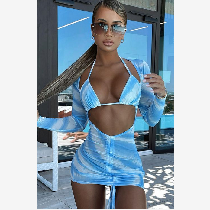 New Sexy Thong Three Piece Swim Wear For Women Hot Girl Sex Tie Die Micro Mini Bikini Photo Long Sleeve Skirt Cover Up