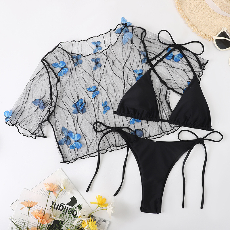 Holiday Gifts Sexi 3piece Transparent Extreme Micro Lace Luxury Croptop Women Bikini Hot Girls Thong Bikinis With Short Cover Up