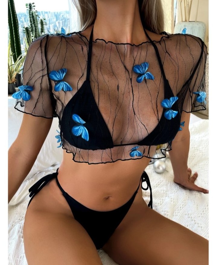 Holiday Gifts Sexi 3piece Transparent Extreme Micro Lace Luxury Croptop Women Bikini Hot Girls Thong Bikinis With Short Cover Up