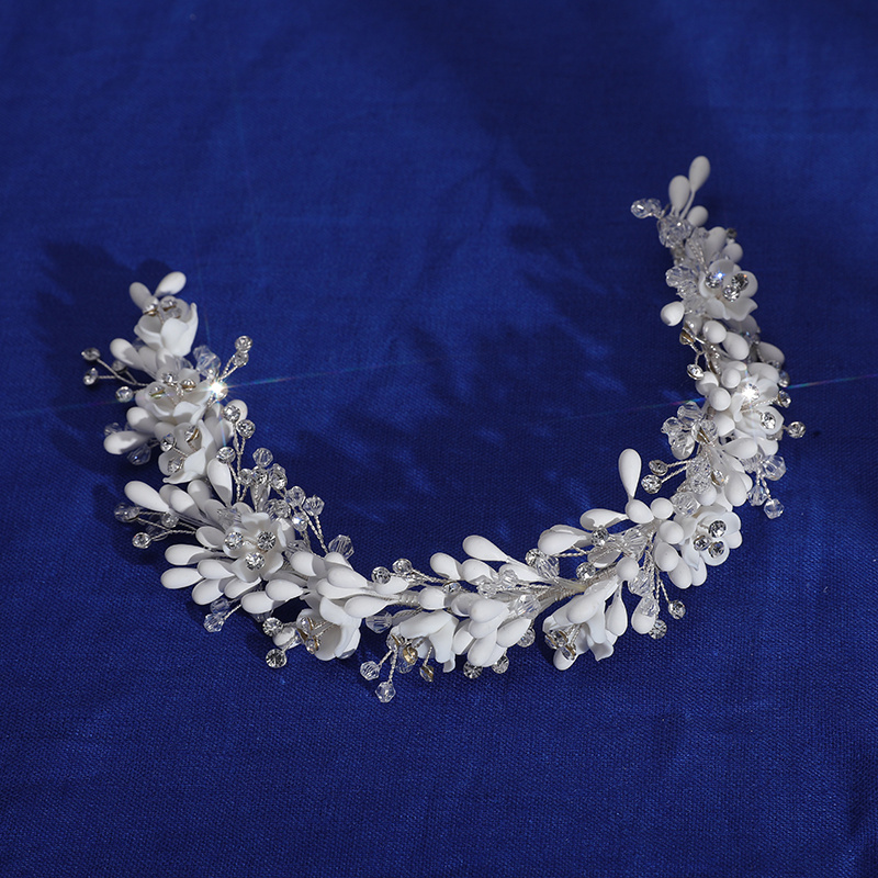 Newest Handmade White Clay Porcelain Flower PU Flower Bridal Hair Crown Headband Accessories Wedding Headpiece