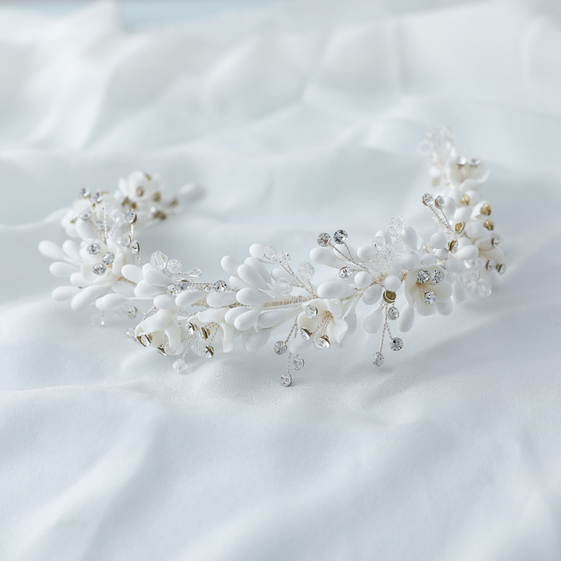 Newest Handmade White Clay Porcelain Flower PU Flower Bridal Hair Crown Headband Accessories Wedding Headpiece