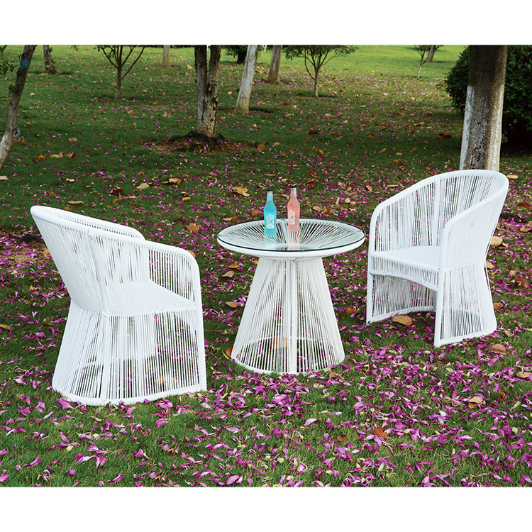 Hot selling garden white outdoor round rattan furniture sets courtyard tea table with 2 chairs