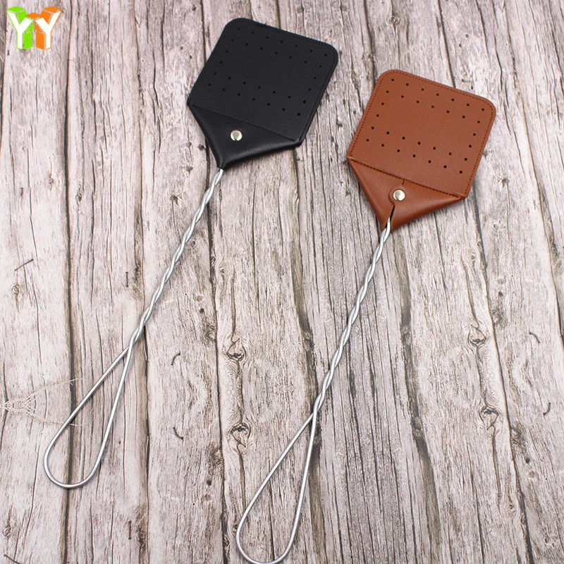 Portable Leather Fly Swatter Durable Metal Handle Flyswatter PU Bug Mosquito Swatter Mat