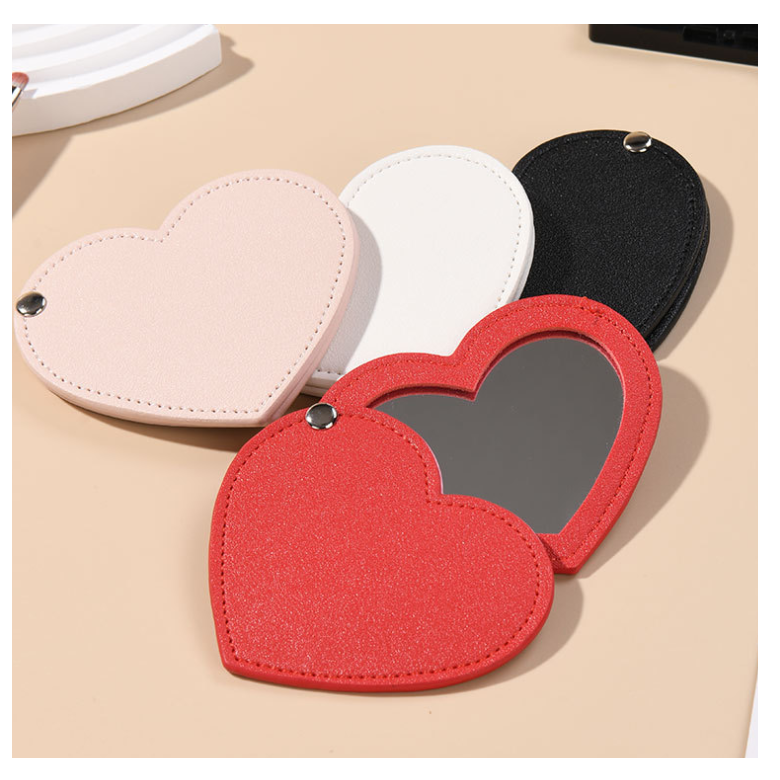 YY Compact Heart Shaped  Pocket Mirror With PU Faux Leather Sleeve, Mini Purse Mirror  For Women Girls