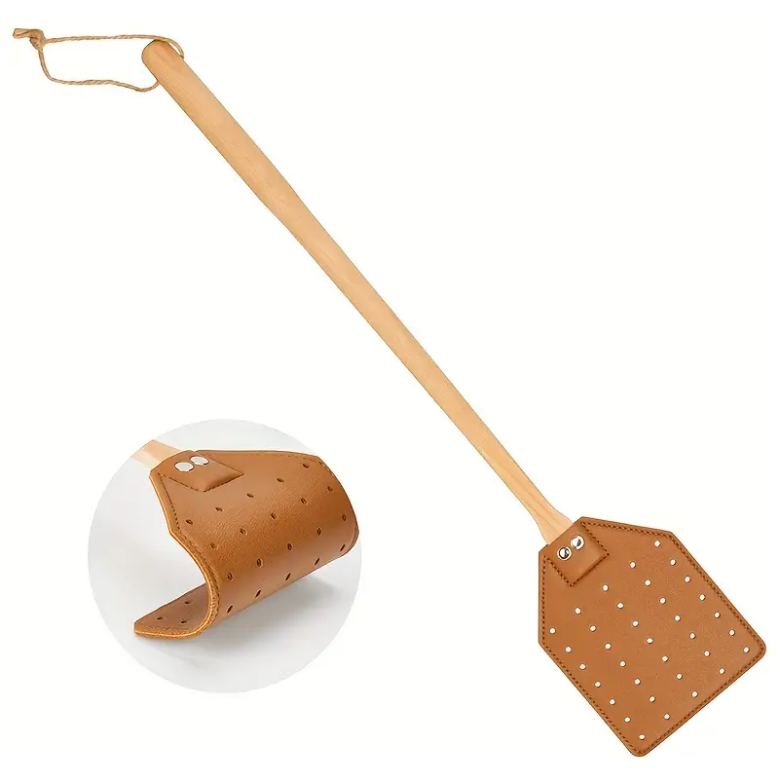 YY Heavy Duty Leather Fly Swatter Brown Leather With Beech Wood Long Handle For Indoor And Outdoor