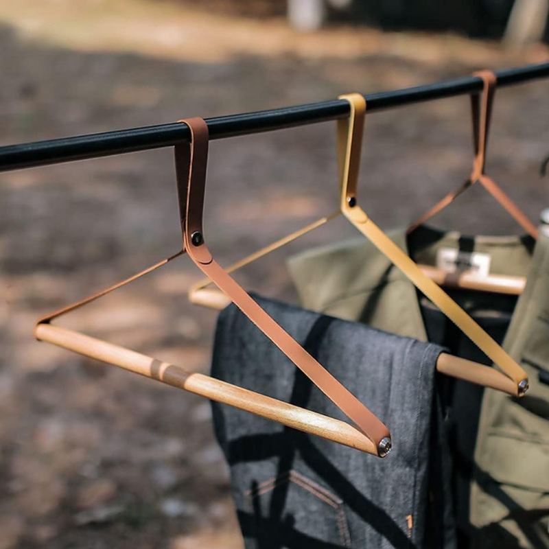 Wooden Folding Hanger Beech Wood Drying Rack Clothes Hanging PU Leather Hanger for Camping