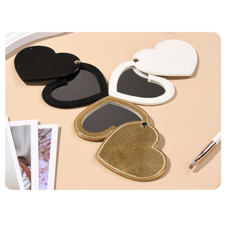 YY Compact Heart Shaped  Pocket Mirror With PU Faux Leather Sleeve, Mini Purse Mirror  For Women Girls