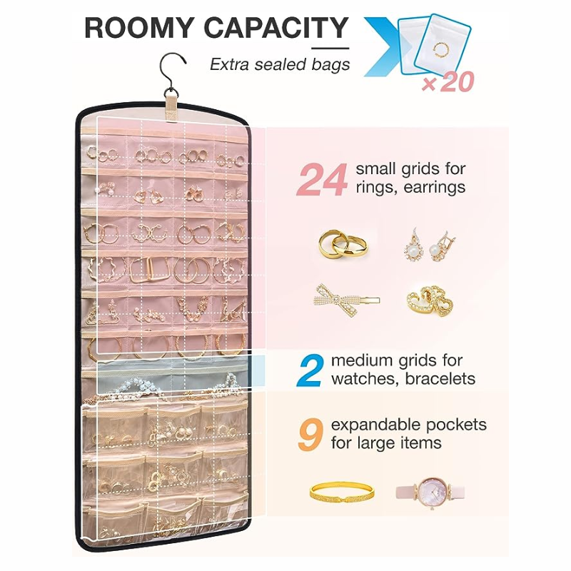 Hanging Jewelry Organizer Necklace Holder Anti-tangle Earrings Rings Hanger with 20 Jewelry Bags Travel Storage Roll with Pocket