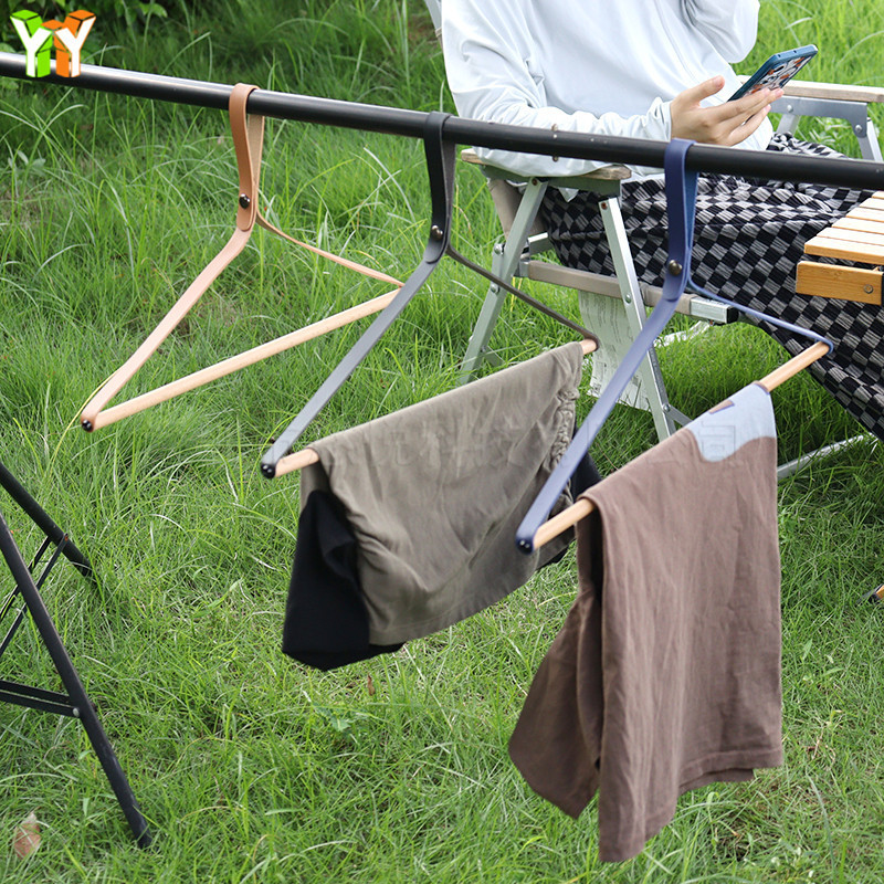 Wooden Folding Hanger Beech Wood Drying Rack Clothes Hanging PU Leather Hanger for Camping