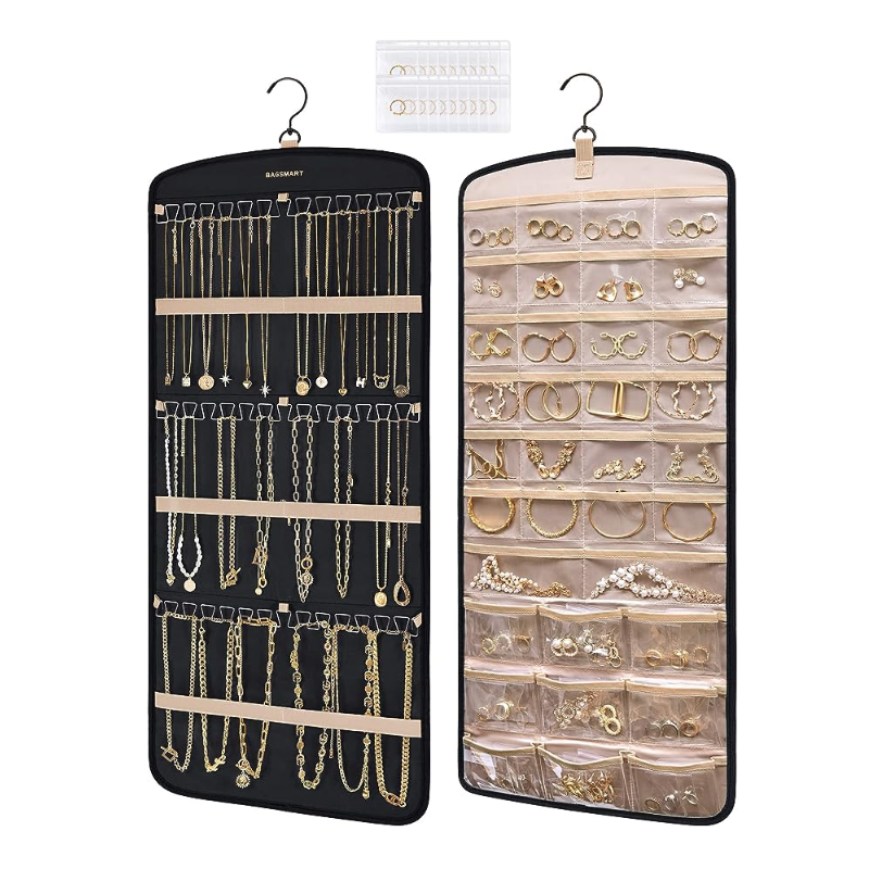 Hanging Jewelry Organizer Necklace Holder Anti-tangle Earrings Rings Hanger with 20 Jewelry Bags Travel Storage Roll with Pocket