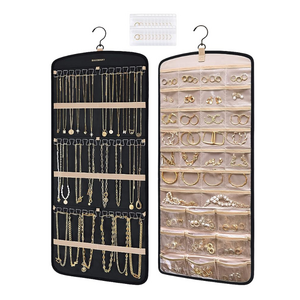 Hanging Jewelry Organizer Necklace Holder Anti-tangle Earrings Rings Hanger with 20 Jewelry Bags Travel Storage Roll with Pocket