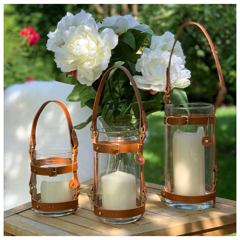 2021 Garden Leather Candle Storm Lantern Luxury Lamp Vase Glasses Case Hanging Flower Holder