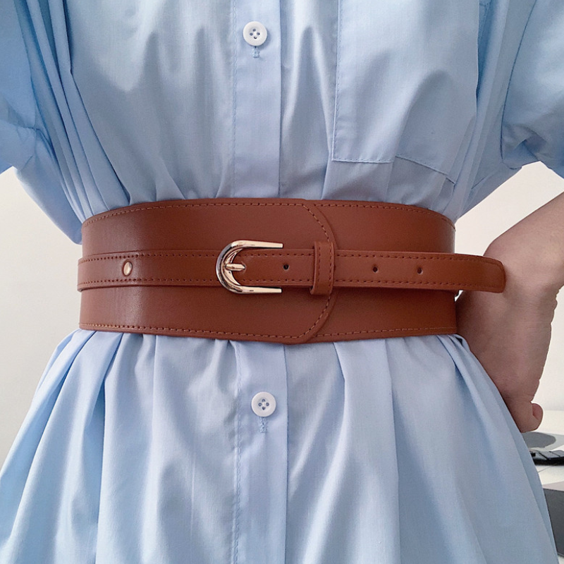 Women Wide Leather Belt Ladies Corset Strap Adjustable Metal Buckle Waist Belt for Dresses