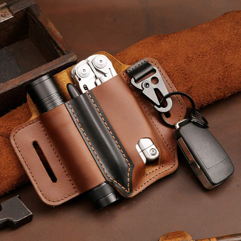 Belt Key Holder Multitool edc Pocket Organizer Camping edc Multitool Pouch Cowhide Leather Flashlight Holster with Pen Holder