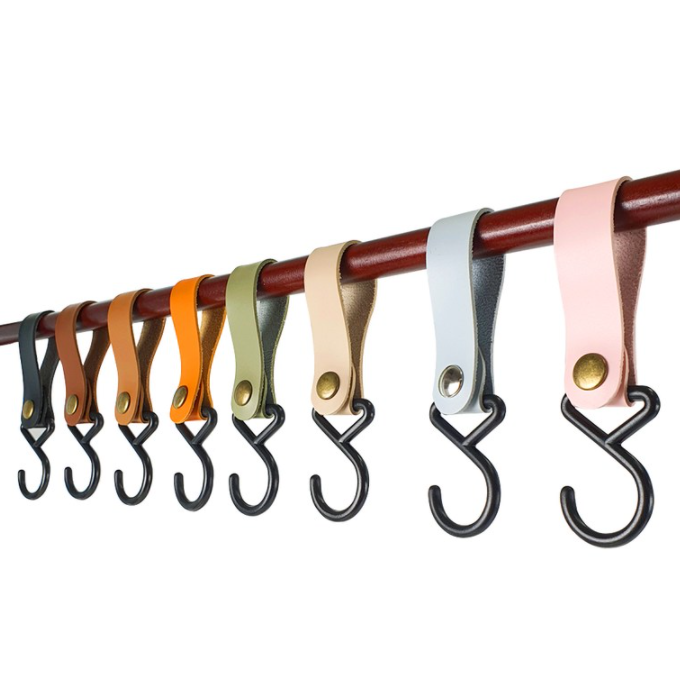 RTS Durable Leather Camping Wood Hanger Strap Kitchen Cooking Hanger Hooks hanging Hook For Outdoor