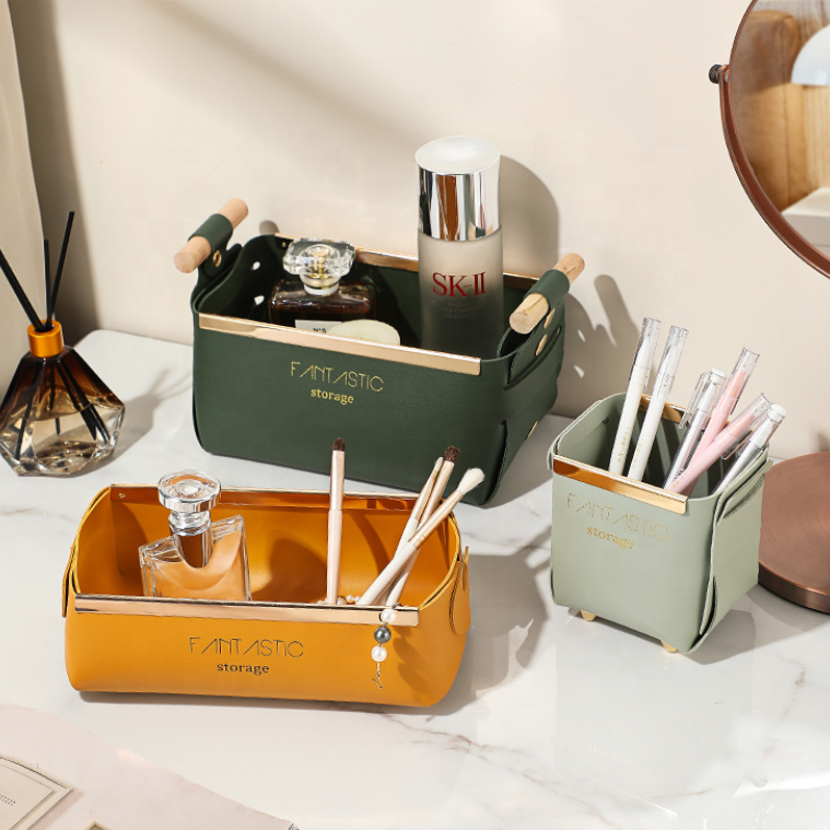 Logo Printed Leather Storage Basket Household Office Pen holder Foldable Storage Container Desk Organizer Makeup Brush Organizer