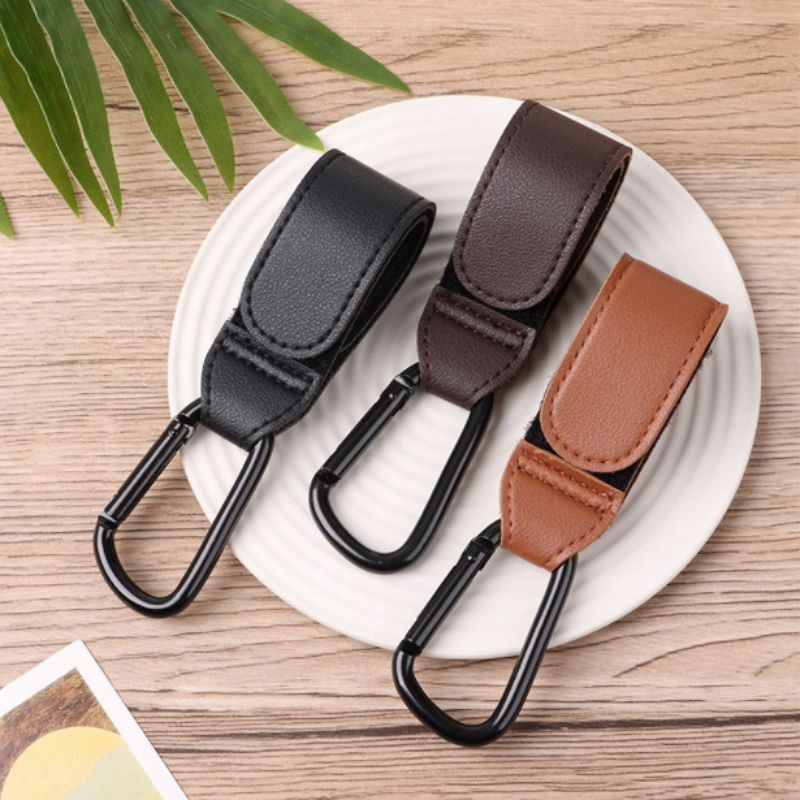 Ready to Ship wholesale children car hanging hooks PU leather custom logo portable stroller hangers buckle