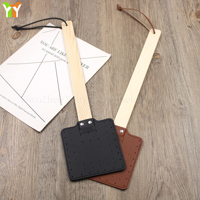 Fast Shipping PU Leather Fly Swatter Long Wooden Handle Mosquito Repellent Swatter Holder