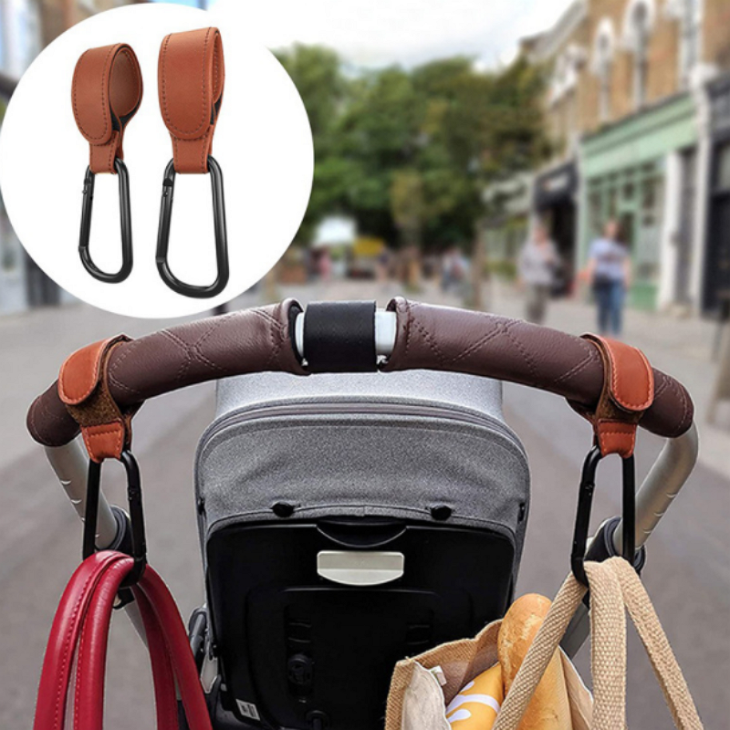 Ready to Ship wholesale children car hanging hooks PU leather custom logo portable stroller hangers buckle