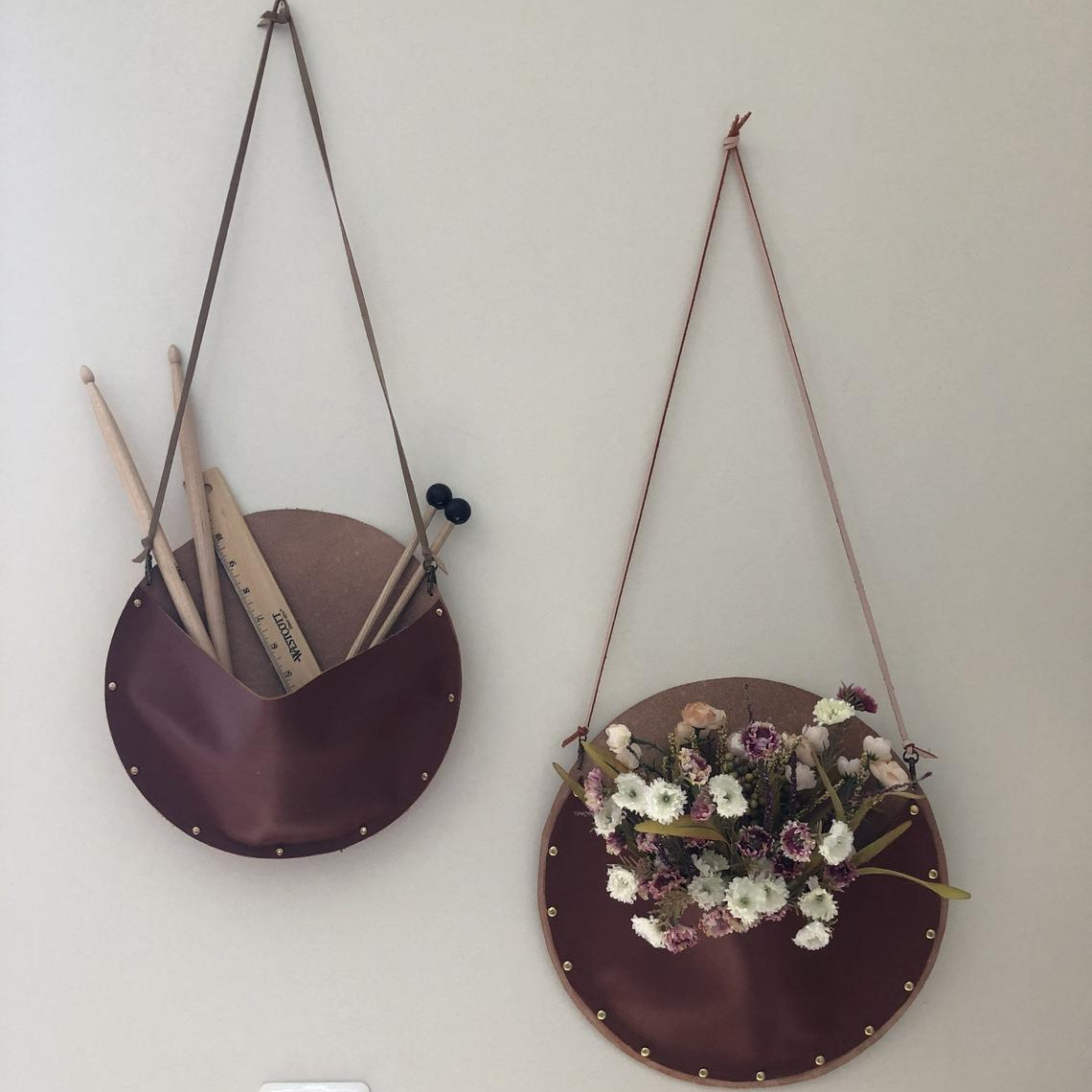 Handmade Leather Wall Art Hanging Bags Hanger Flower Wall Holders For Home Decor