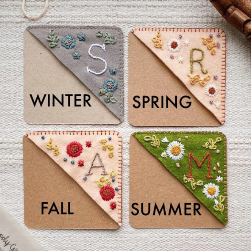 Office accessories stylish four seasons book label soft felt personalized handmade embroidery corner bookmark