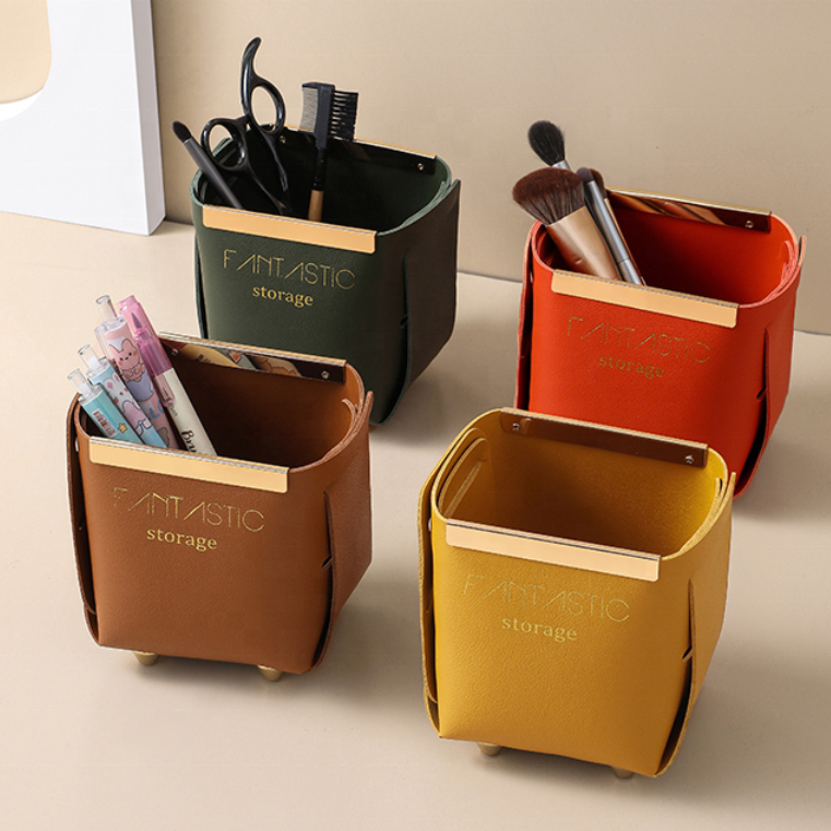 Logo Printed Leather Storage Basket Household Office Pen holder Foldable Storage Container Desk Organizer Makeup Brush Organizer