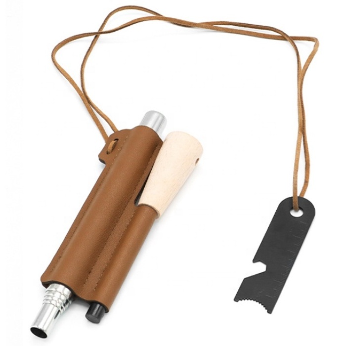 Stainless Steel Retractable Fire Blow Tube Set Leather Case Campfire Fire Blowing Tube Fire Protective Cover with Lanyard Strap