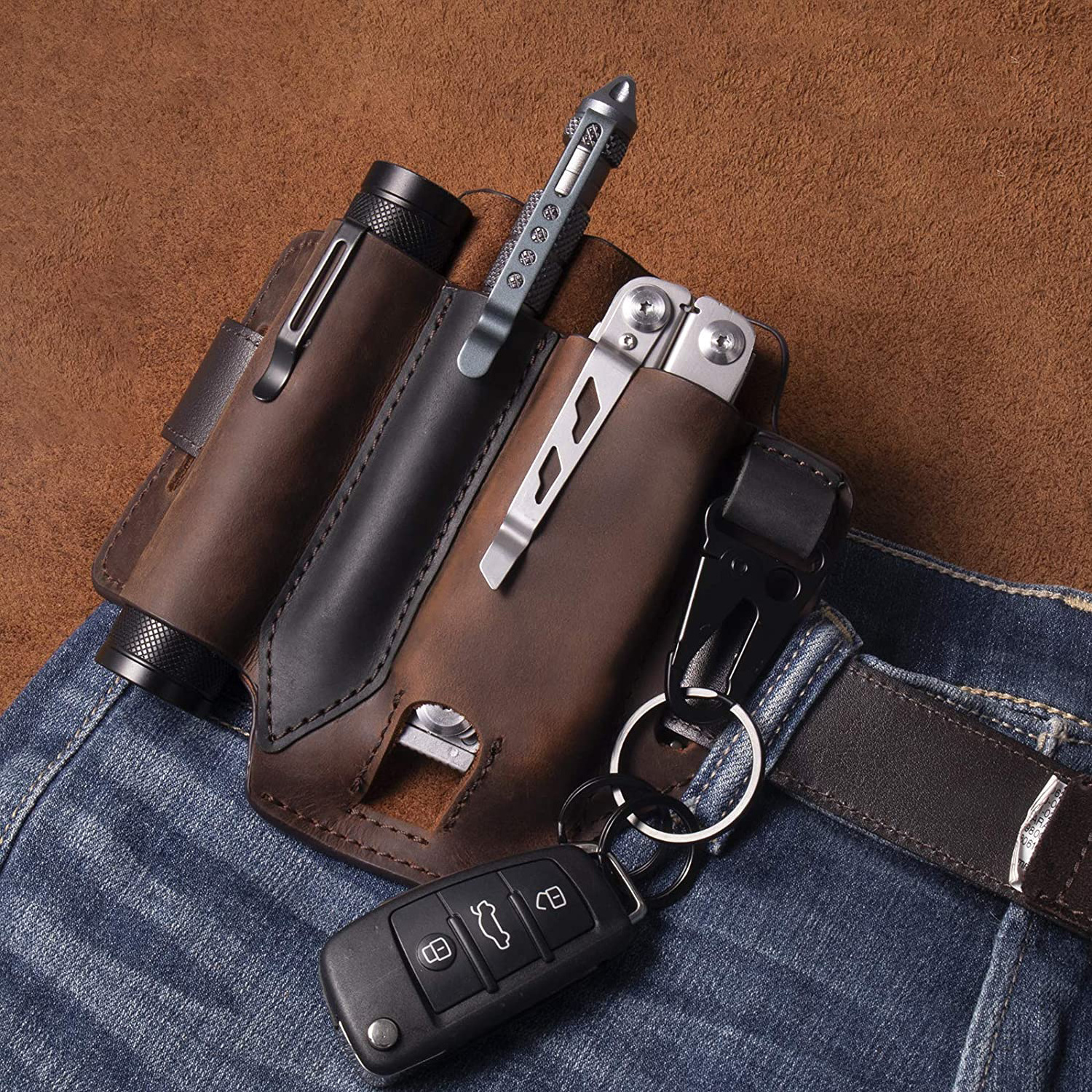 Multitool Sheath EDC Leather Belt Organizer Self-Defense Tool Case Bag Genuine leather Flashlight Holder