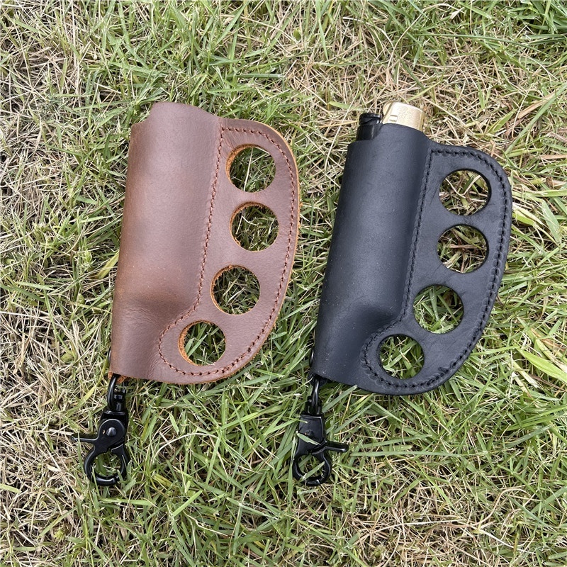 Camping Blac-kmeans Lighter Protective Leather Case Cover Pouch Portable Outdoor Oil Lighter Keychain Holder with 4 finger holes