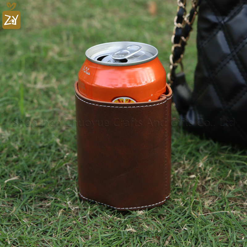 YY RTS camping outdoor  PU leather insulator cover beer drink cooler sleeve, foldable drink sleeve cooler