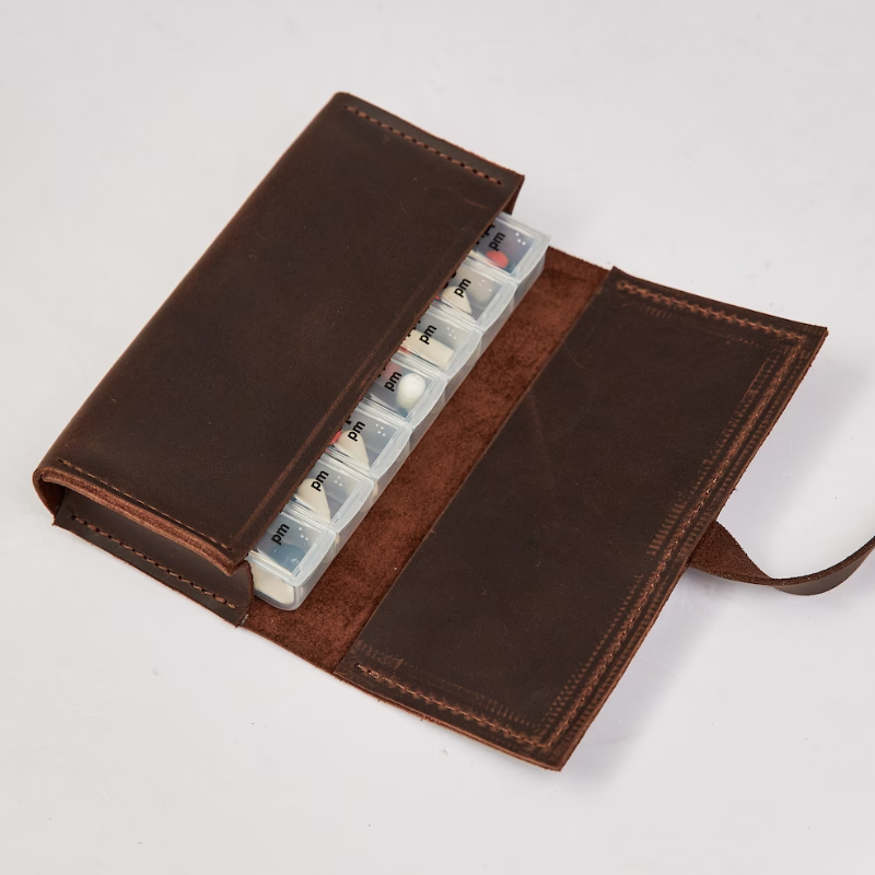 Weekly Leather Meds Case Portable Leather Pill Case Holder Gift Tablet Pill Organizer Bag Pouch