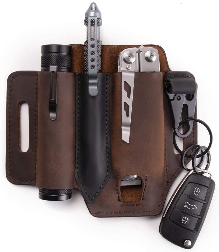 Multitool Sheath EDC Leather Belt Organizer Self-Defense Tool Case Bag Genuine leather Flashlight Holder