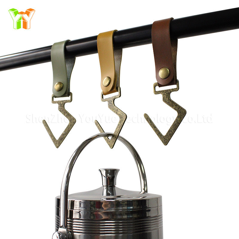 Ready to Ship PU Leather Hooks Travel Outdoor Cookware Hanging Rack Metal J Shape Hook