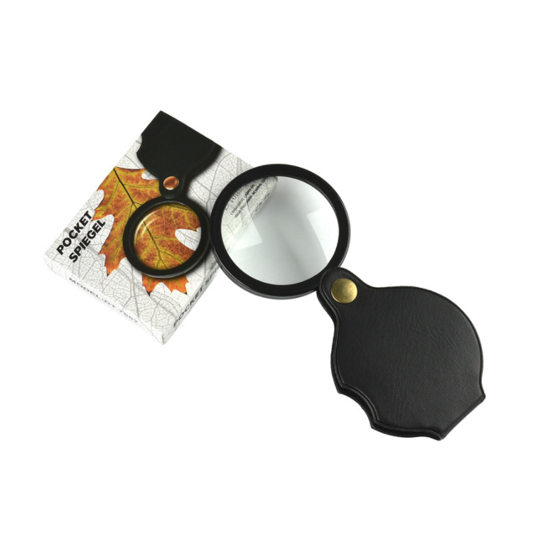 Portable Round Little Handy Magnifier 10X Mini Foldable Leather Pocket Magnifying Glass with Black Cover Case